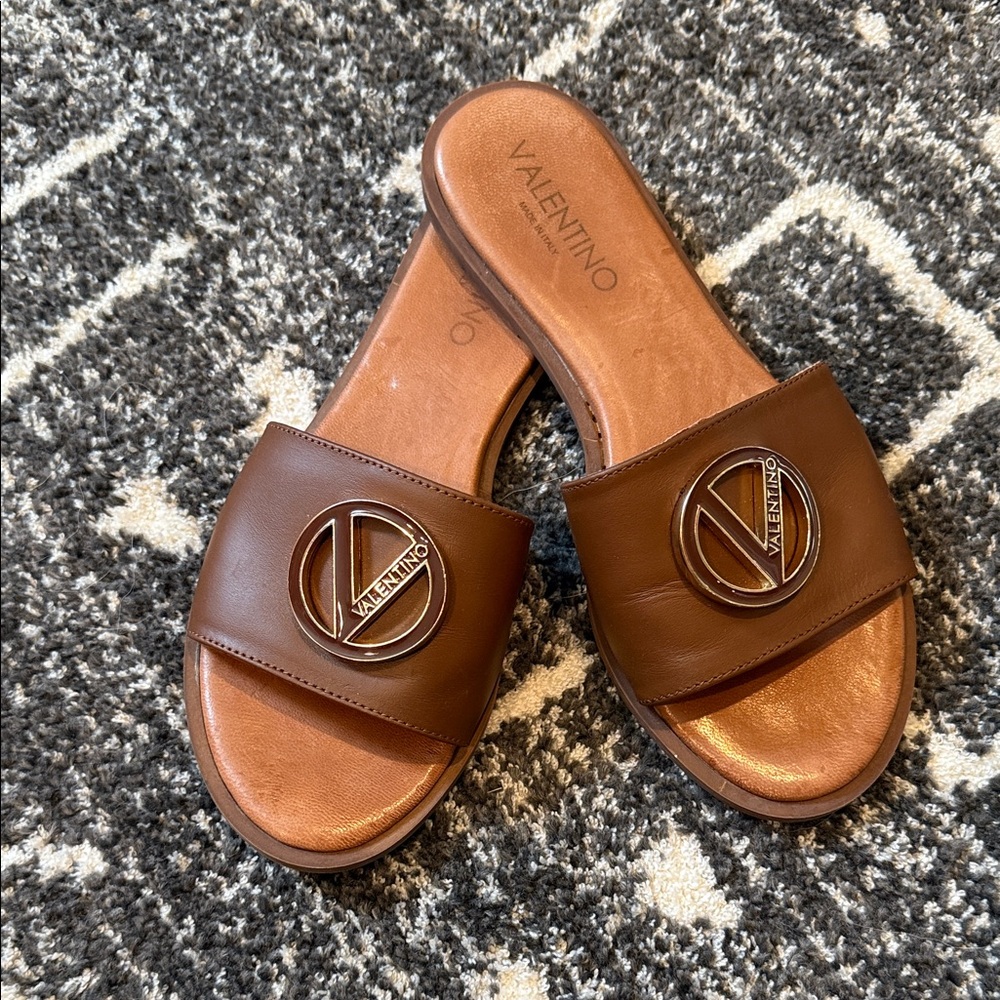 Valentino Leather Slides in Rich Brown